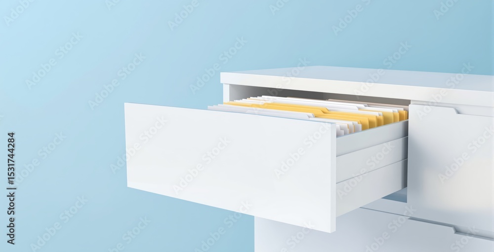 Poster white office filing cabinet drawer open with organized file folders inside on a soft blue background