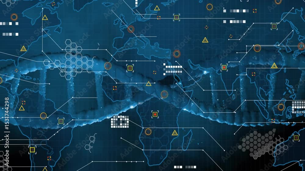Poster on loading interface glowing double-helix strand sweeping across map visualizing global data flow