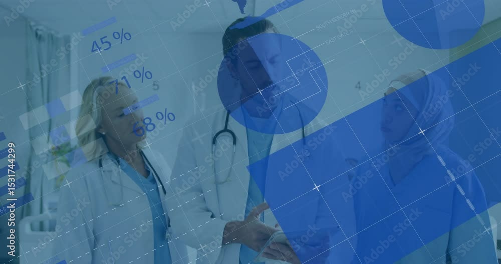 Aufkleber medical professionals reviewing charts and tapping tablet while displaying animated patient metrics