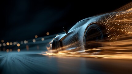 Night Speed Concept - Light Trail Wave Abstraction with Optic Fiber Curves and Polygonal Sports Car