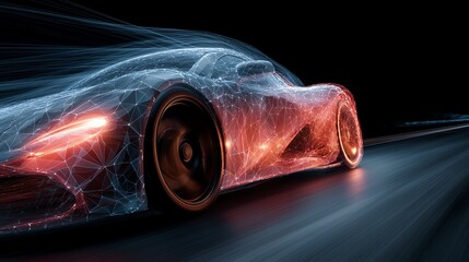 Night Speed Concept - Light Trail Wave Abstraction with Optic Fiber Curves and Polygonal Sports Car
