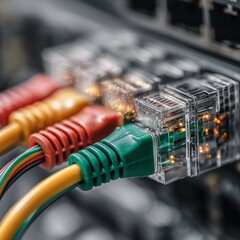 Macro of Ethernet Cables with AR Data Transfer Graphics - Selective Focus Tech Imagery with Copy Space