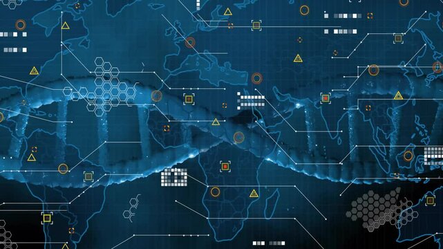 On loading interface glowing double-helix strand sweeping across map visualizing global data flow