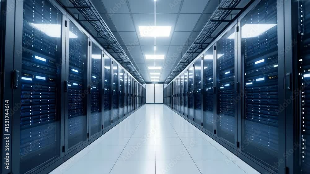 Poster server room with rows of computer equipment, data center or cryptocurrency mining farm, network, and