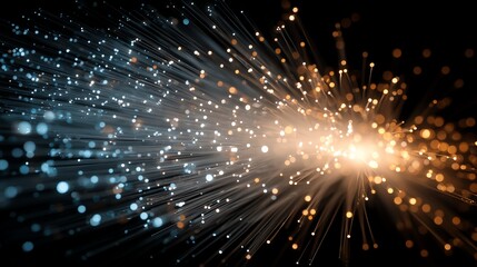 3D Optical Fiber Tips Glowing with Lens Flare Effect on Dark Background - Light Trails Technology Abstract