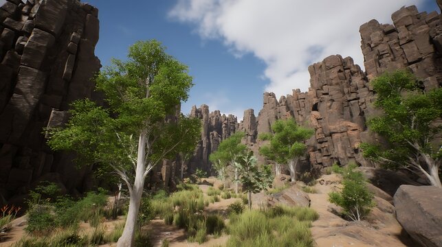 Canyon with trees against a blue sky