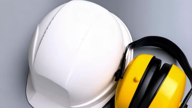Construction safety: white hardhat and yellow ear muffs for hearing protection on gray surface symbolizing workplace regulations and equipment