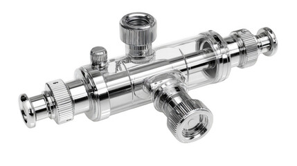 Chrome plated inline filter with transparent body and transparent background, ideal for industrial or medical applications requiring high purity