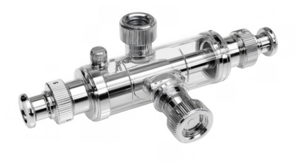 Chrome plated inline filter with transparent body and transparent background, ideal for industrial or medical applications requiring high purity