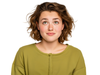 Young Caucasian woman looking up with a curious and mischievous expression, isolated on white or transparent background