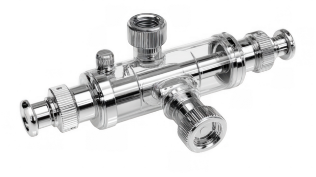 Chrome plated inline filter with transparent body and transparent background, ideal for industrial or medical applications requiring high purity