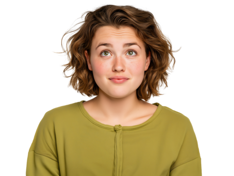 Young Caucasian woman looking up with a curious and mischievous expression, isolated on white or transparent background