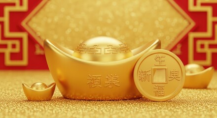 Gold ingots and coins with Chinese characters on a glittering gold surface against a red background with gold patterns