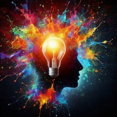 Conceptual Mind Burst: A vibrant explosion of colorful paint emanates from a silhouette head, symbolizing the eruption of an idea ignited by a central light bulb.