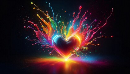 Love's Vibrant Burst: A captivating display of colors explodes from a heart shape, capturing the essence of love, passion, and dynamic emotions.