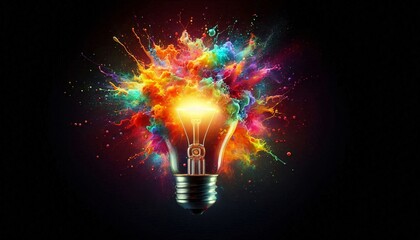Illuminating Ideas: A vibrant lightbulb explodes with a kaleidoscope of colorful energy against a dark background, symbolizing innovation, creativity, and the spark of brilliant ideas.