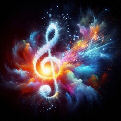 Musical Symphony of Colors: A mesmerizing artistic depiction of a treble clef surrounded by a vibrant explosion of colors, representing the harmonious beauty and creative energy of music.
