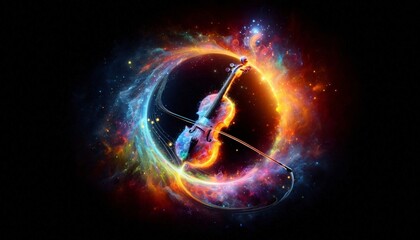 Musical Universe: A vibrant representation of a violin at the heart of a cosmic swirl, celebrating the art and the science of sound, with colorful energy swirls.