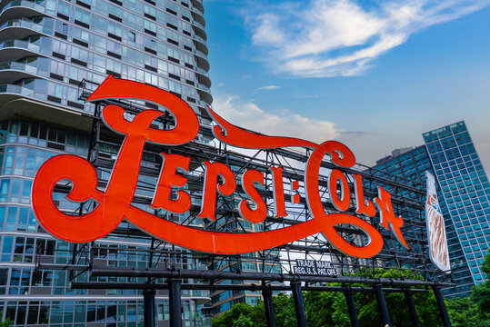 Vintage Pepsi-Cola sign at Gantry Plaza State Park in the Long Island City neighbourhood of Queens. NYC, New York State, United States of America, 30 May 2024.