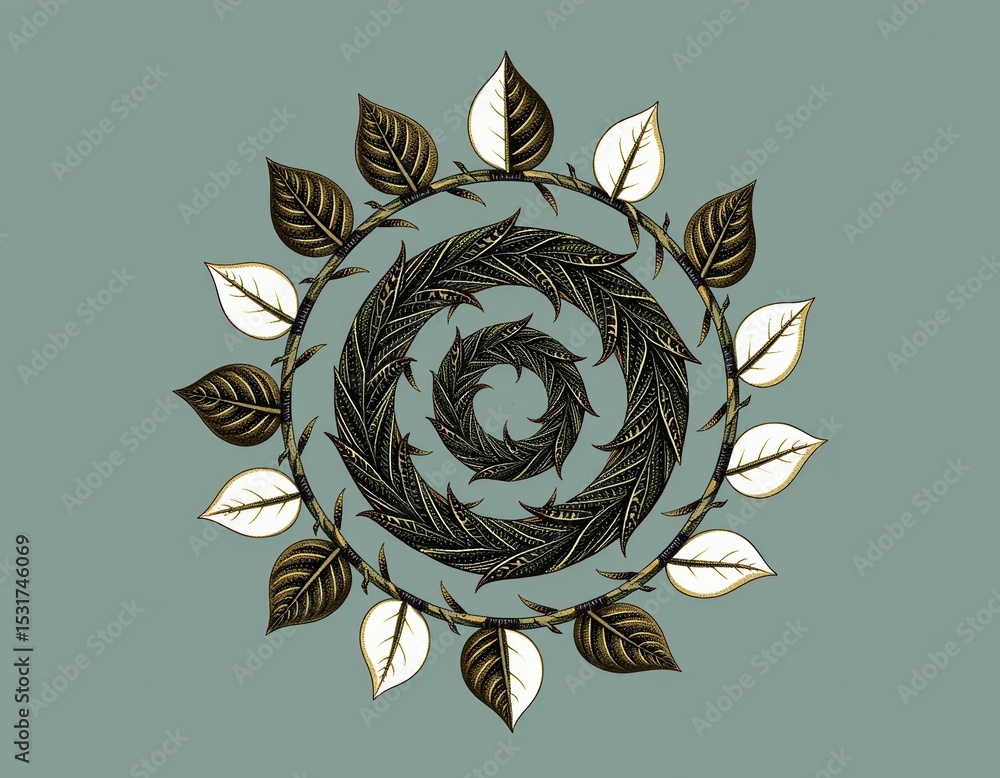 Poster a circular, intricate leaf pattern design featuring alternating dark and light leaves on a muted gre