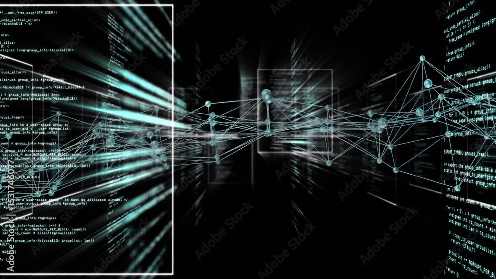 Poster on camera push, 3d network expanding through code panels, visualizing data tunnel