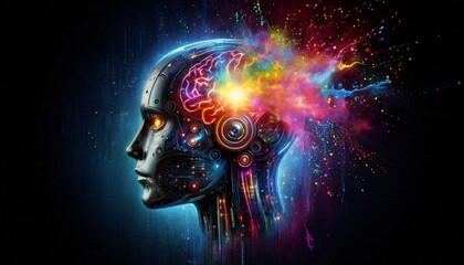 Digital Dreamscape of Cognitive Brilliance: A mesmerizing artistic vision depicting a cybernetic mind illuminated with a vibrant explosion of light and color.