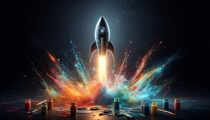 Rocket Launch with Vibrant Colors: A stunning depiction of a rocket taking off, bursting forth in a spectacular display of colorful energy and innovation. Illustrating growth and potential. 