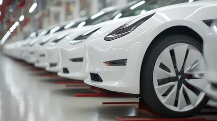 A long row of new white cars are lined up in a bright, modern factory assembly line.

