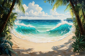 Naklejka premium Tropical beach scene with crashing waves.