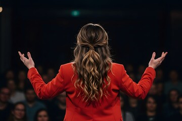 Feminist Activist Using a Big Stage to Talking About a Success Story of Running a Women Led Business in Silicon Valley, Startup Founder Talking About Business Partnerships and Collaborations. Generate