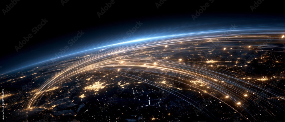 Poster global network illuminated earth with light trails space view