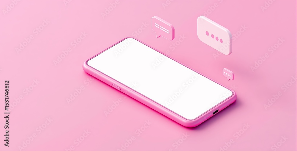 Poster pink smartphone with blank screen and chat icons symbolizing communication and messaging on pastel b