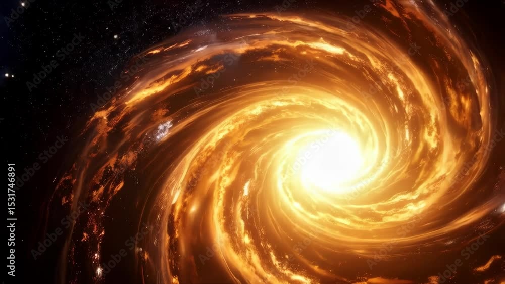 Poster swirling cosmic vortex of orange gas and light in dark space for backgrounds and sci-fi concepts.