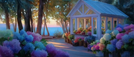 Fototapeta premium Serene Sunset Farmers Market Coastal Produce Stand Hydrangeas Ocean View