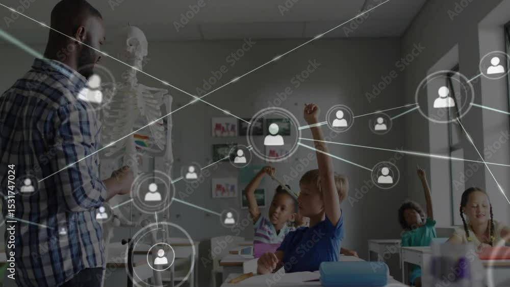 Poster teacher pointing skeleton after students raising hands, icons linking into class learning network