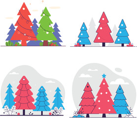 Four Colorful Christmas Tree Illustrations Red Green Blue Winter Holiday Decor