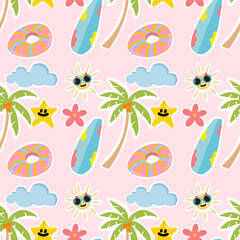 Seamless pattern with summer elements. Creative vector texture with palm trees, clouds, stars, flowers, sunglasses. Vector seamless summer pattern.