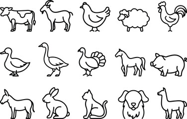 Obraz premium Farm animal outline icon set with goat, chicken, sheep, duck, dog, and pig illustrations