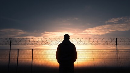 Fototapeta premium man in dark jacket standing in front of metal barbed wire fence, centered composition with large empty sky above glowing at sunset 