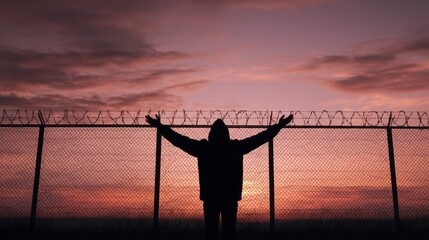 man in dark jacket standing in front of metal barbed wire fence, centered composition with large empty sky above glowing at sunset