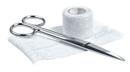 Sharp stainless steel bandage scissors are lying on a piece of white gauze near a roll of medical bandage, isolated on a transparent background, ready for use in first aid or medical procedures