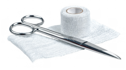 Sharp stainless steel bandage scissors are lying on a piece of white gauze near a roll of medical bandage, isolated on a transparent background, ready for use in first aid or medical procedures