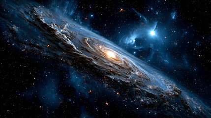 A magnificent spiral galaxy showcases a central bright core surrounded by swirling clouds of gas and dust. Distant stars twinkle against the deep dark backdrop of space, creating a cosmic masterpiece.