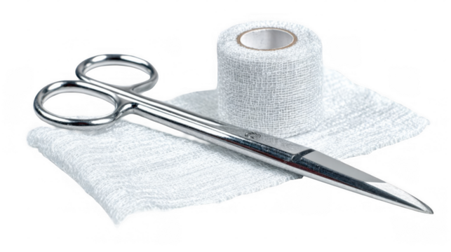 Sharp stainless steel bandage scissors are lying on a piece of white gauze near a roll of medical bandage, isolated on a transparent background, ready for use in first aid or medical procedures