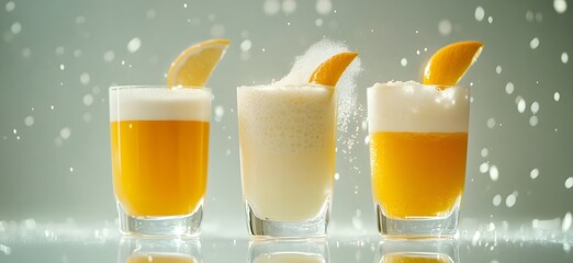 An artistic flat-lay of three glasses containing orange and yellow liquids in varying tones, placed on a transparent surface with natural lighting