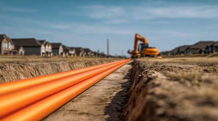 orange utility pipes running along open trench at construction site, excavator and residential area blurred in background