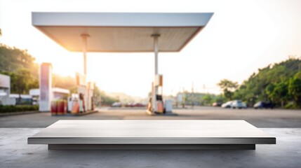Fototapeta premium outdoor gas station scene at sunrise with empty metallic foreground platform, designed for advertisement or mockup placement