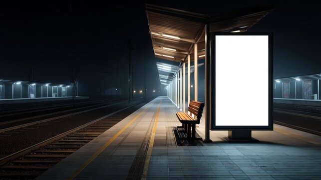night train station platform with illuminated vertical billboard, empty bench beside it, perspective view along railway tracks
