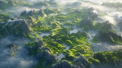 A bird's-eye view of green mountains and valleys, with small villages and winding roads nestled in the landscape