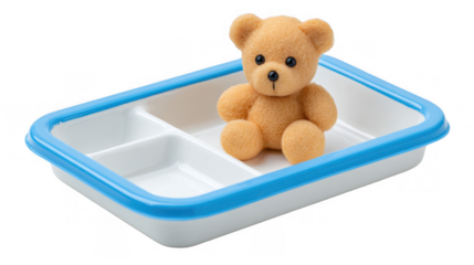 Small teddy bear sitting on an empty white and blue plastic hospital food tray, suggesting concepts of childhood illness, pediatric care, and emotional support, with transparent background